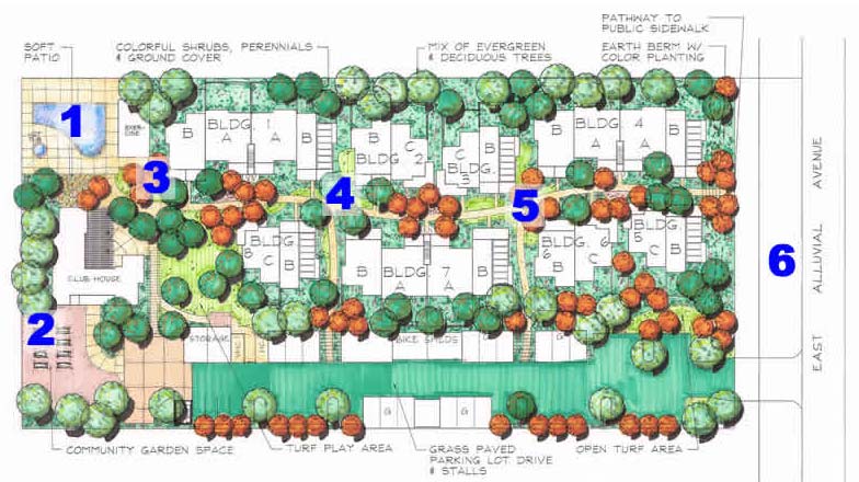 Clickable site plan of Fresno Cohousing with views of our common house, shared spaces, and private homes for individuals and families